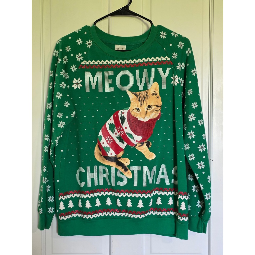 Freeze Meowy Christmas Cat Sweatshirt Green Snowflake Holiday Pullover Large